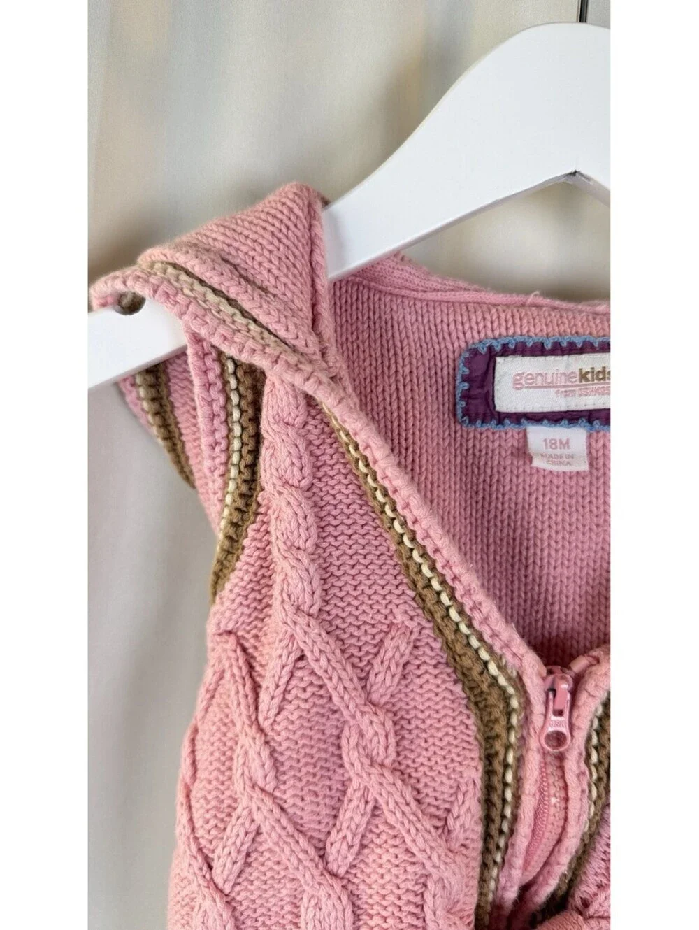 Genuine Kids From Oshkosh Girls Vest, Hooded Knitted Vest, Pink Color, Size 18mo